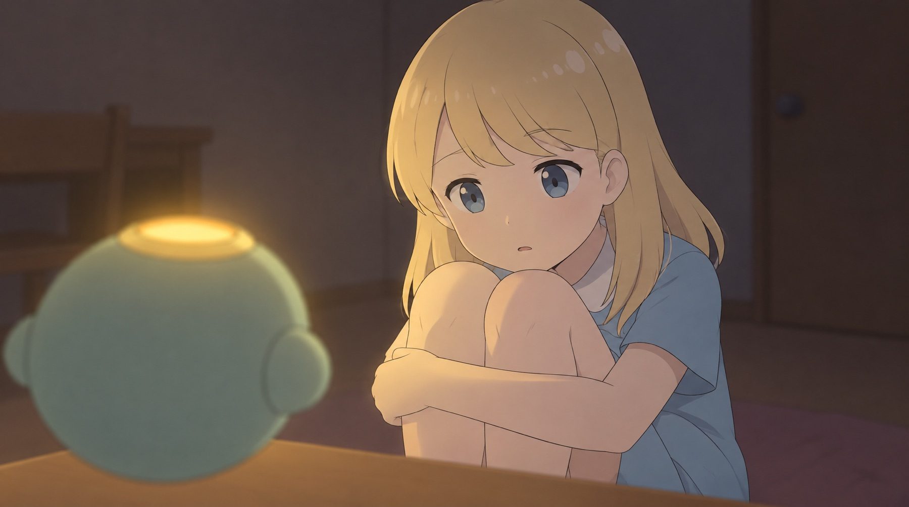 夜の部屋で、ひざを抱えて座るよし子。手前の机の上で、よし子のロボットの頭の輪が光っている。